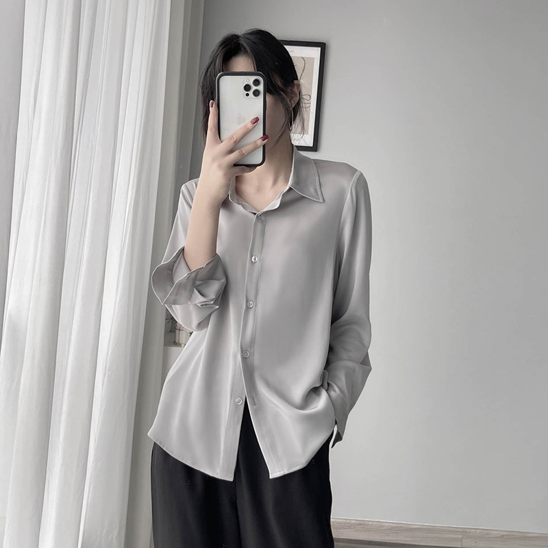 Satin Long Sleeve Shirt with Slimming Lapel, Solid Color, Glossy Finish for Commuting - Spring Fashion Top