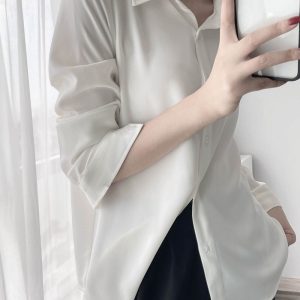 Satin Long Sleeve Shirt with Slimming Lapel, Solid Color, Glossy Finish for Commuting - Spring Fashion Top