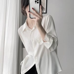 Satin Long Sleeve Shirt with Slimming Lapel, Solid Color, Glossy Finish for Commuting - Spring Fashion Top
