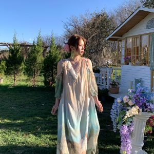 Sea Orange Sanctuary Tie-Dye Beaded Off-Shoulder Maxi Dress - Women's Bohemian Spring Style, Vintage-Inspired, Perfect for 90s Y2K Looks