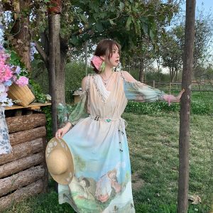 Sea Orange Sanctuary Tie-Dye Beaded Off-Shoulder Maxi Dress - Women's Bohemian Spring Style, Vintage-Inspired, Perfect for 90s Y2K Looks