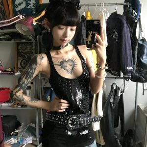 Sexy Black Sequin Spaghetti Strap Tank Top for Women - American Style Slim Fit Sleeveless Summer Fashion