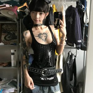 Sexy Black Sequin Spaghetti Strap Tank Top for Women - American Style Slim Fit Sleeveless Summer Fashion