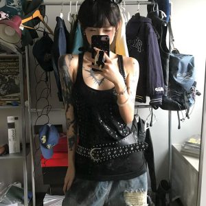 Sexy Black Sequin Spaghetti Strap Tank Top for Women - American Style Slim Fit Sleeveless Summer Fashion