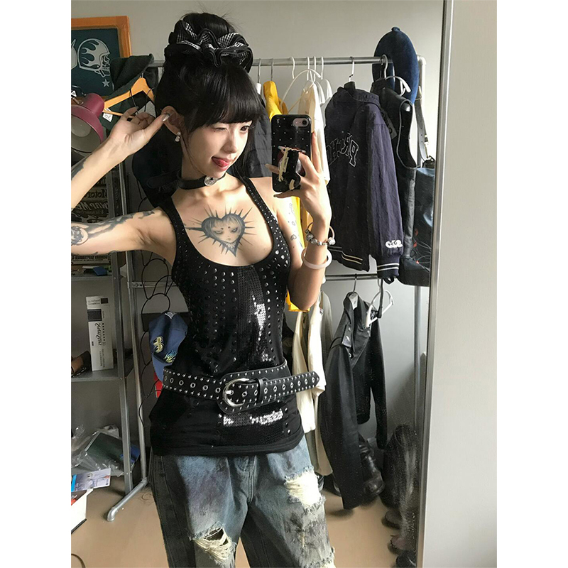 Sexy Black Sequin Spaghetti Strap Tank Top for Women - American Style Slim Fit Sleeveless Summer Fashion