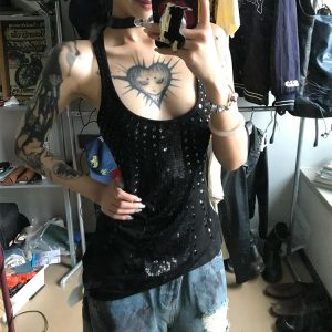 Sexy Black Sequin Spaghetti Strap Tank Top for Women - American Style Slim Fit Sleeveless Summer Fashion