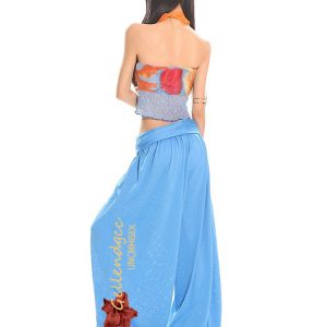 Sexy Lace Tank Top and Breathable Mesh Wide-Leg Pants Set for Summer, Y2K Style, Trendy Women's Outfit