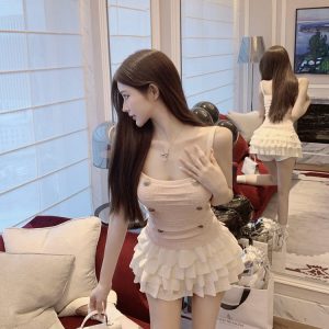 Sexy Slim Double-Breasted Knitted Camisole Top for Women - Luna Lona Small Fragrant Wind Style