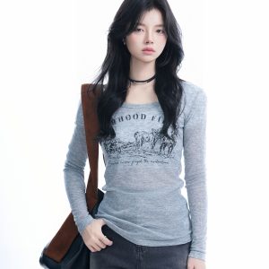Sexy Slim-Fit Knitted Sweater for Women - American Style Round Neck Long Sleeve T-Shirt, Casual Chic Fashion, Perfect for Y2K Looks
