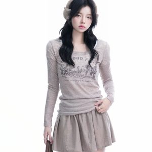 Sexy Slim-Fit Knitted Sweater for Women - American Style Round Neck Long Sleeve T-Shirt, Casual Chic Fashion, Perfect for Y2K Looks