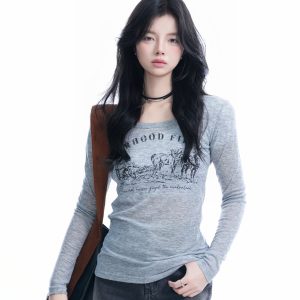 Sexy Slim-Fit Knitted Sweater for Women - American Style Round Neck Long Sleeve T-Shirt, Casual Chic Fashion, Perfect for Y2K Looks