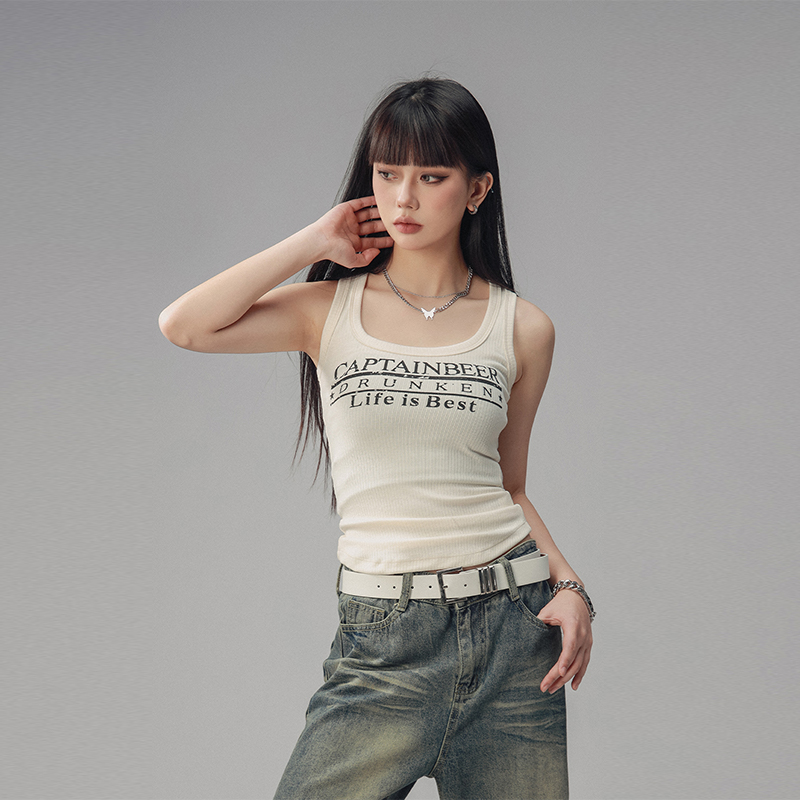 Sexy Tight Sleeveless Tank Top for Women - American Style Beer Team Captain - Summer 2025 Trendy Y2K Fashion