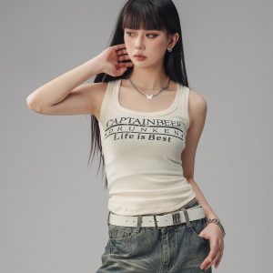 Sexy Tight Sleeveless Tank Top for Women - American Style Beer Team Captain - Summer 2025 Trendy Y2K Fashion
