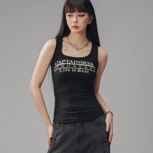 Sexy Tight Sleeveless Tank Top for Women - American Style Beer Team Captain - Summer 2025 Trendy Y2K Fashion