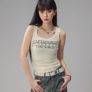 Sexy Tight Sleeveless Tank Top for Women - American Style Beer Team Captain - Summer 2025 Trendy Y2K Fashion