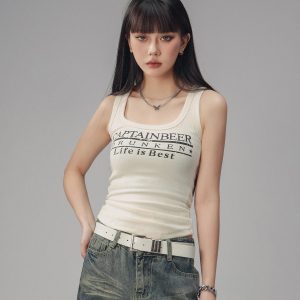 Sexy Tight Sleeveless Tank Top for Women - American Style Beer Team Captain - Summer 2025 Trendy Y2K Fashion