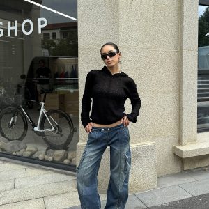 Sexy Ultra-Low Waist Vintage Street Cargo Denim Pants in Deep Blue - Heavy-Duty 90s Inspired Workwear Trousers