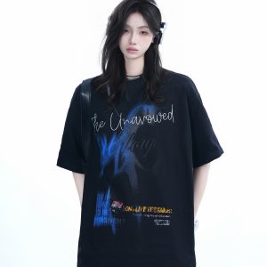 Shadow Girl Graphic Black Short Sleeve T-Shirt for Women - Summer Loose Fit American Design