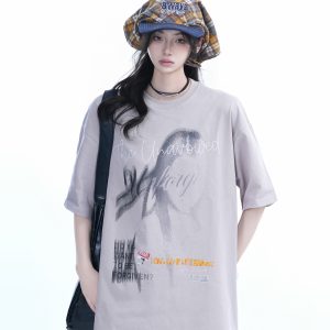 Shadow Girl Graphic Black Short Sleeve T-Shirt for Women - Summer Loose Fit American Design