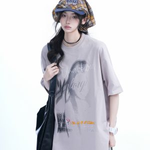 Shadow Girl Graphic Black Short Sleeve T-Shirt for Women - Summer Loose Fit American Design