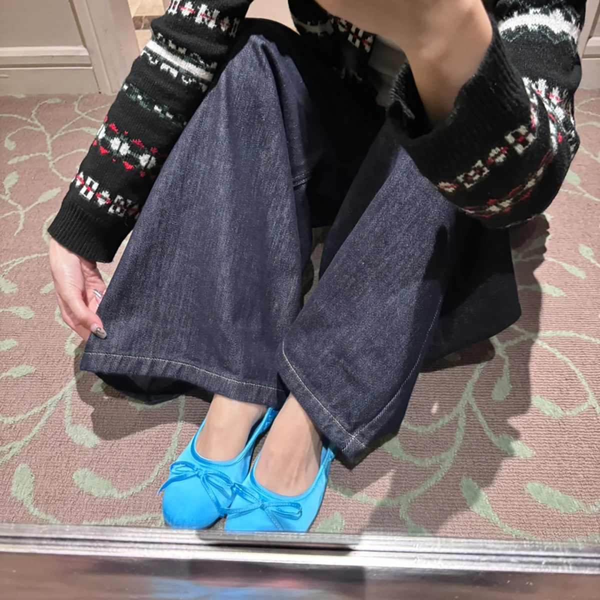 Sheepskin Blue French Bow Round Toe Ballet Flats for Women - Gentle Style Slip-On Flat Shoes