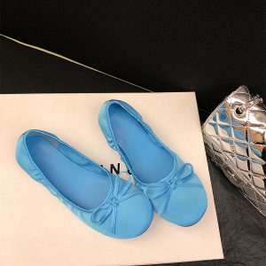 Sheepskin Blue French Bow Round Toe Ballet Flats for Women - Gentle Style Slip-On Flat Shoes