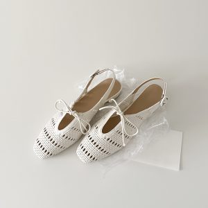 Sheepskin French Woven Hollow-Out Open-Toe Sandals with One-Strap Buckle and Bow, Chunky Heel Vacation Roman Shoes for Women