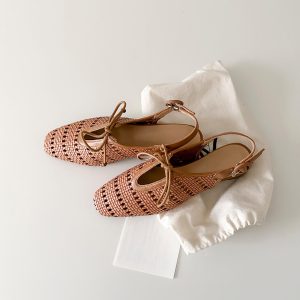 Sheepskin French Woven Hollow-Out Open-Toe Sandals with One-Strap Buckle and Bow, Chunky Heel Vacation Roman Shoes for Women