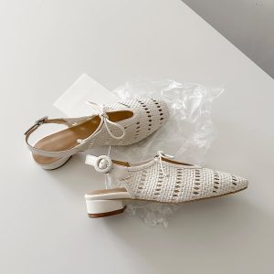 Sheepskin French Woven Hollow-Out Open-Toe Sandals with One-Strap Buckle and Bow, Chunky Heel Vacation Roman Shoes for Women