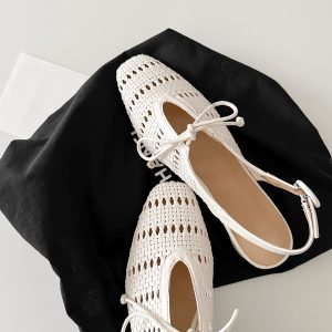 Sheepskin French Woven Hollow-Out Open-Toe Sandals with One-Strap Buckle and Bow, Chunky Heel Vacation Roman Shoes for Women