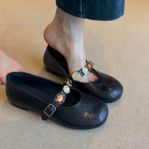 Sheepskin Mary Jane Shoes for Women - Round Head, Metal Buckle, One-Strap, Retro Flat Ballet Style, Versatile Fashion Footwear