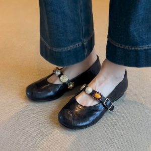 Sheepskin Mary Jane Shoes for Women - Round Head, Metal Buckle, One-Strap, Retro Flat Ballet Style, Versatile Fashion Footwear