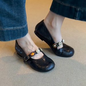 Sheepskin Mary Jane Shoes for Women - Round Head, Metal Buckle, One-Strap, Retro Flat Ballet Style, Versatile Fashion Footwear