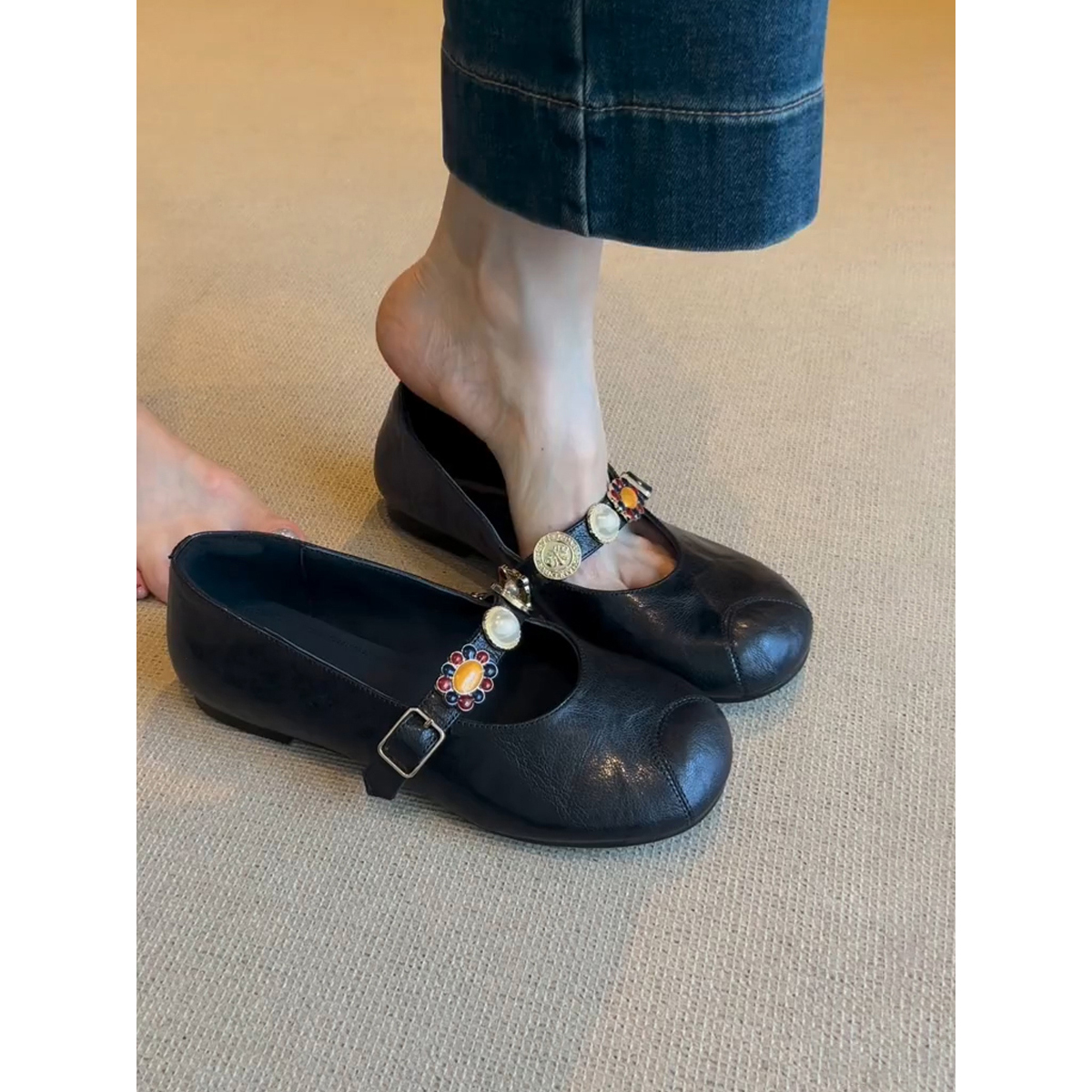 Sheepskin Mary Jane Shoes for Women - Round Head, Metal Buckle, One-Strap, Retro Flat Ballet Style, Versatile Fashion Footwear