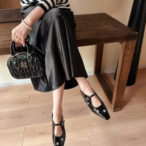 Sheepskin Mary Jane Shoes for Women with Silver Strap, Rhinestone Flower Detail, Height-Increasing, Square-Toe Design