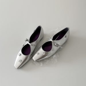 Sheepskin Mary Jane Shoes for Women with Silver Strap, Rhinestone Flower Detail, Height-Increasing, Square-Toe Design