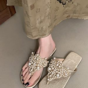 Sheepskin Pearl Thong Flat Sandals for Women - Bohemian Beach Flip-Flops, Summer Vacation Style