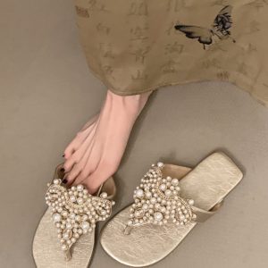 Sheepskin Pearl Thong Flat Sandals for Women - Bohemian Beach Flip-Flops, Summer Vacation Style