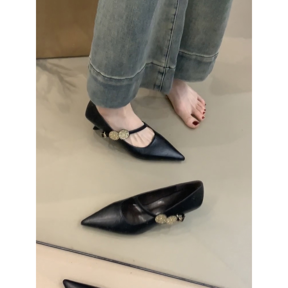 Sheepskin Pointed Toe High-Heeled Shoes with Metal Buckle - French Style Low-Heeled Commuter Shoes for Women