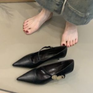 Sheepskin Pointed Toe High-Heeled Shoes with Metal Buckle - French Style Low-Heeled Commuter Shoes for Women