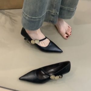 Sheepskin Pointed Toe High-Heeled Shoes with Metal Buckle - French Style Low-Heeled Commuter Shoes for Women