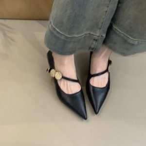 Sheepskin Pointed Toe High-Heeled Shoes with Metal Buckle - French Style Low-Heeled Commuter Shoes for Women