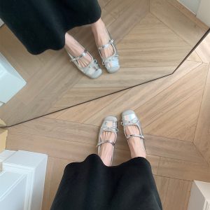 Sheepskin Silver Bow Ballet Shoes for Women – Summer One-Strap Half Slippers, Height-Increasing Shallow Mouth Flats