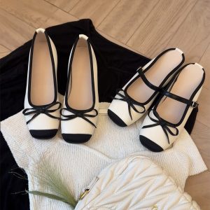 Sheepskin Silver Bow Ballet Shoes for Women – Summer One-Strap Half Slippers, Height-Increasing Shallow Mouth Flats