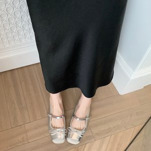 Sheepskin Silver Bow Ballet Shoes for Women – Summer One-Strap Half Slippers, Height-Increasing Shallow Mouth Flats