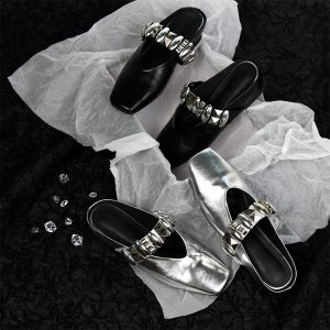 Sheepskin Square Head Rivet One-Strap Closed-Toe Half Slippers for Women - Height-Increasing French Style Slip-On Sandals