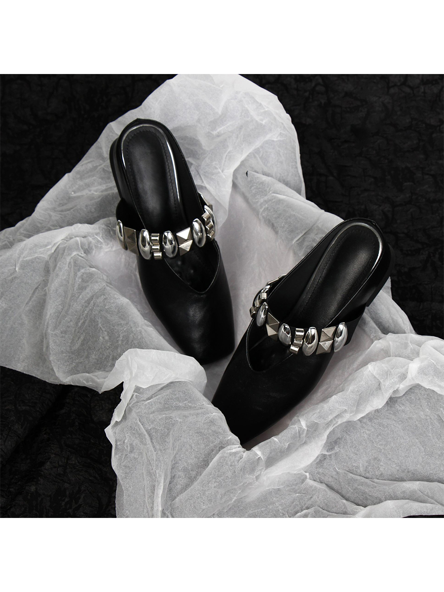 Sheepskin Square Head Rivet One-Strap Closed-Toe Half Slippers for Women - Height-Increasing French Style Slip-On Sandals Sheepskin Square Head Rivet One-Strap Closed-Toe Half Slippers for Women - Height-Increasing French Style Slip-On Sandals