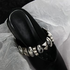 Sheepskin Square Head Rivet One-Strap Closed-Toe Half Slippers for Women - Height-Increasing French Style Slip-On Sandals