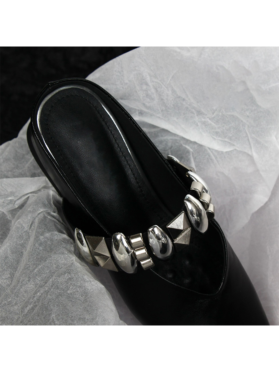 Sheepskin Square Head Rivet One-Strap Closed-Toe Half Slippers for Women - Height-Increasing French Style Slip-On Sandals Sheepskin Square Head Rivet One-Strap Closed-Toe Half Slippers for Women - Height-Increasing French Style Slip-On Sandals