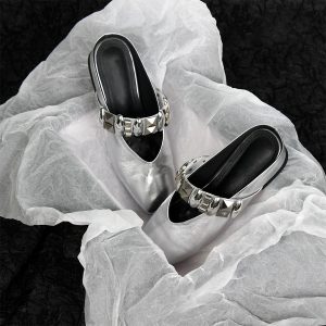 Sheepskin Square Head Rivet One-Strap Closed-Toe Half Slippers for Women - Height-Increasing French Style Slip-On Sandals